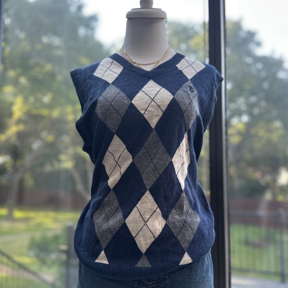US Polo Assn Argyle Sweater Vest Mens S Navy Gray V-Neck Preppy Knit Pullover